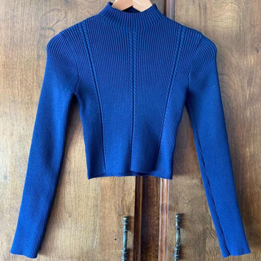 Women's Ribbed Mock Neck Long-Sleeve Sweater Top - Blue